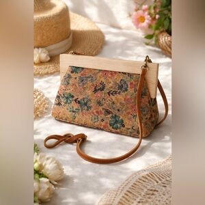 Boho Cork Floral Handbag Wooden Frame Crossbody Purse Handmade Style Unique